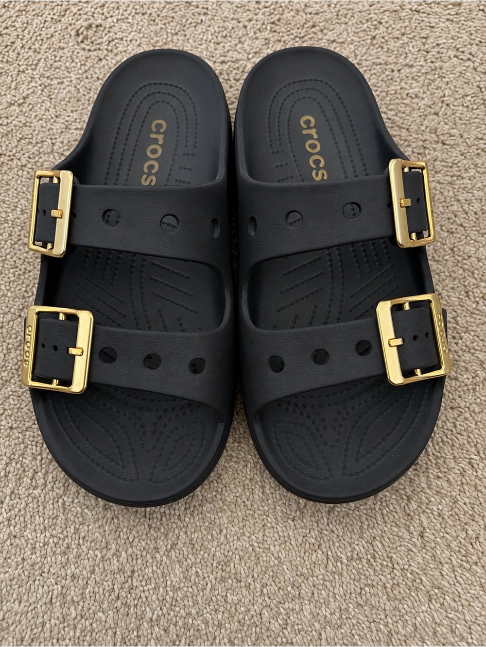 CROCS Black Slide Sandals with Gold Buckles